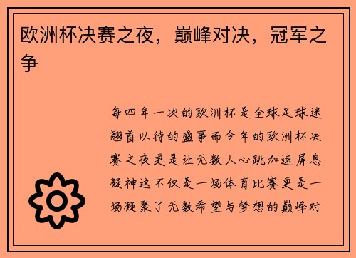 欧洲杯决赛之夜，巅峰对决，冠军之争